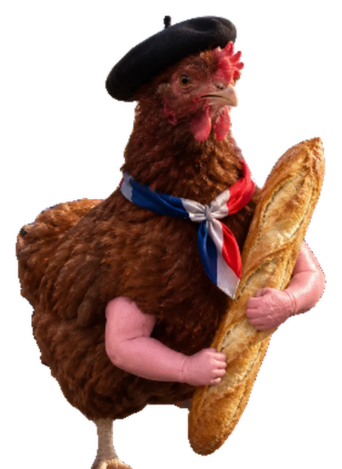 ChickenFrance, a hen in a black beret and tricolour scarf, holding a long baguette